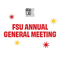 FSU Annual General Meeting announcement with details on date, time, location, and bingo prizes including an E-Scooter and MacBook Air.