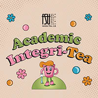 Colourful retro-style text reading Academic Integri-Tea with a smiling pink teacup character holding a spoon on a dotted beige background with scattered flowers and circles.