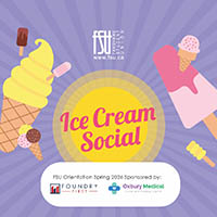 Illustrations of frozen treats. The FSU logo is shown, as are logos for Oxbury Medical and Foundry First. Text states: Ice Cream Social. Frozen Treats. Live Music.