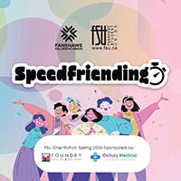 Illustration of six diverse young people happily posing together under the word Speedfriending with colourful speech bubbles in the background. Logos for the FSU, Fanshawe International, Oxbury Medical Clinic and Foundry First are displayed.