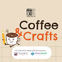 Illustration of a smiling coffee cup holding a pencil next to the text Coffee and Crafts on a beige background with FSU logo above.
