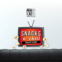 Black leather couch facing a retro TV screen displaying the text Snacks n chill Reality TV Day, with popcorn kernels floating around.