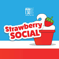 A red, white and blue background is shown. There is an illustration of ice cream with a strawberry on top. The FSU logo is displayed. Text states: Strawberry Social.
