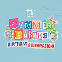 Colourful Summer Babies Birthday Celebration! text with party hats, sunglasses, a popsicle, and beach umbrella on a light blue background.