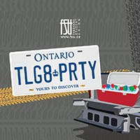 Ontario license plate reading TLG8 PRTY mounted on a black pickup truck with an open cooler filled with drinks in the truck bed.