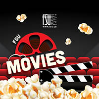 Red theatre seats with popcorn scattered and falling, spotlighted film reel and clapperboard labeled FSU Movies on a black background.