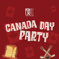 Illustration of Canada Day Party with Canadian symbols including a beaver, moose, loon, pancakes, hockey sticks, and an inukshuk on a red background.