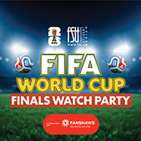 FIFA World Cup Finals Watch Party announcement with two golden World Cup trophies and colourful soccer jerseys on a stadium background.