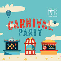 Colourful carnival party banner with game booths, popcorn, cotton candy, and hot air balloons against a blue sky.
