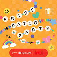 Colourful beads spell out Pride Patio Party on an orange background with rainbows, hearts, and stars decorations.
