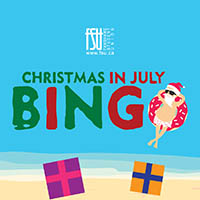 Christmas in July Bingo banner with a beach scene, featuring a reindeer and a Santa figure lounging inside donut floaties on blue water.