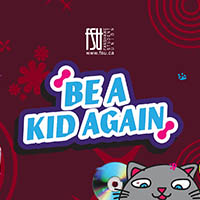 Colourful graphic with Be a Kid Again text surrounded by retro gaming devices, a cartoon cat, and playful emoji faces on a dark red background.