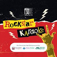 Rockstar Karaoke event poster with a hand making the rock sign and lightning bolts on a red and black background.