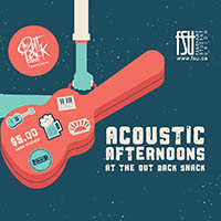 Hand holding a red guitar case with stickers promoting $5 drink specials, advertising Acoustic Afternoons at the Out Back Shack.