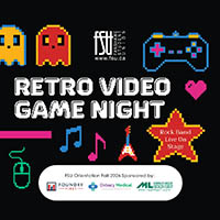 Colourful pixelated ghosts and a game controller with text promoting Retro Video Game Night at FSU Orientation Fall 2026.