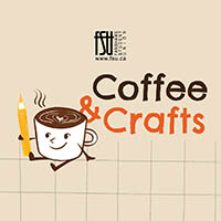 Illustration of a smiling coffee cup holding a pencil next to the text Coffee and Crafts on a beige background with FSU logo above.
