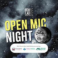Open Mic Night event poster with a cosmic background and a microphone in the foreground.