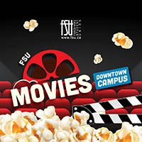 Red theatre seats with popcorn scattered and falling, spotlighted film reel and clapperboard labeled FSU Movies on a black background.