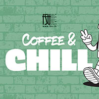 Cartoon coffee cup wearing sunglasses and sneakers flashing a peace sign next to bold text saying Coffee and Chill on a green brick wall background.