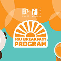 Top view of a coffee cup and orange juice glass with the FSU Breakfast Program logo on a bright orange and teal background.