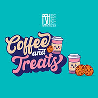 Colourful graphic with the phrase Coffee and Treats, alongside smiling coffee cups and chocolate chip cookies on a teal background.