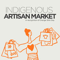 Illustration of a person holding shopping bags promoting Indigenous Artisan Market on September 30 from 10:00 a.m. to 2:00 p.m. in Forwell Hall.