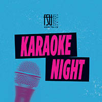 Microphone image with bold pink text reading Karaoke Night on a blue textured background, promoting a singing event.