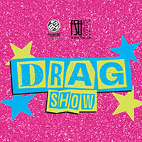 Bright pink glitter background with colourful blue and yellow stars framing the bold text DRAG SHOW in playful block letters.