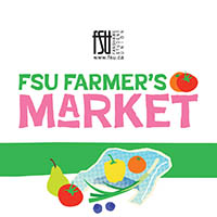 FSU Farmers Market logo with colourful fruits and vegetables including a tomato, pear, apple, orange, green beans, and blueberries on a white background.