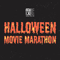 Spooky Halloween Movie Marathon poster with dripping orange text, a spider web, and a stack of three vintage TVs showing eerie scenes.
