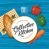 Top view of a loaf of bread on a checkered cloth, a red and green bell pepper, and a carrot surrounding a plate with Collective Kitchen text on a blue wooden surface.