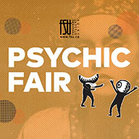 Graphic design promoting a Psychic Fair with two stylized figures and a warm brown background.