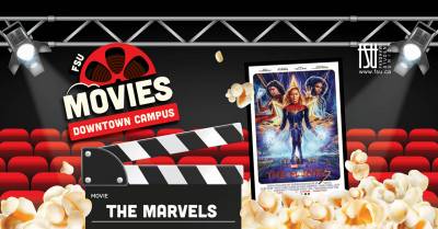 An image showing The Marvels movie poster and illustrations of popcorn, movie theatre seats and a clapperboard. The FSU logo is displayed. Text states: FSU Movies. Downtown campus. The Marvels.