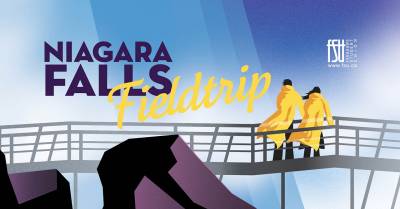 Am illustration of two people in yellow raincoats on a bridge looking at Niagara Falls. The FSU logo is shown. text states, Niagara Falls field trip