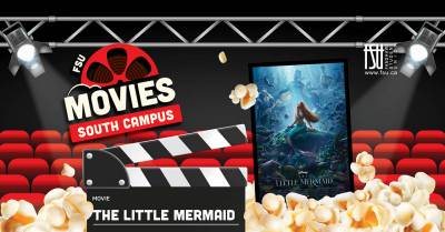 An image showing The Little Mermaid movie poster and illustrations of popcorn, movie theatre seats and a clapperboard. The FSU logo is displayed. Text states: FSU Movies. South Campus. The Little Mermaid.