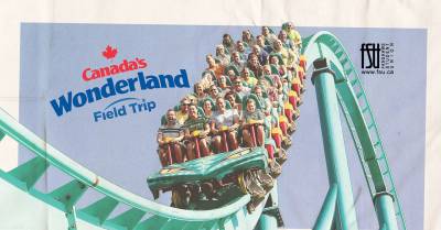 A photo of a large group of people on a rollercoaster. The FSU and Canada's Wonderland logos are shown, along with the word field trip.