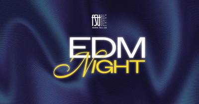 Fanshawe Student Union logo above bold white and yellow text stating EDM Night, on a dark blue wavy background.