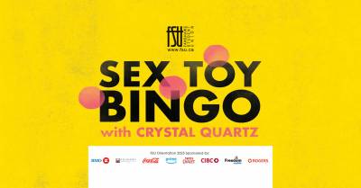 Bright yellow poster advertising Sex Toy Bingo event hosted by Fanshawe Student Union with Crystal Quartz, featuring sponsor logos at the bottom.
