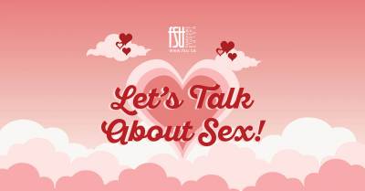 Pink gradient background with white clouds and red hearts surrounding the bold text Let's Talk About Sex!
