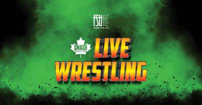 Bold orange and yellow text reading LIVE WRESTLING over a smoky green and black background with the Smash Wrestling maple leaf logo above.