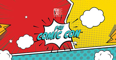 Colourful comic book-style background with red, yellow, and blue panels featuring FSU Comic Con text in bold turquoise letters.