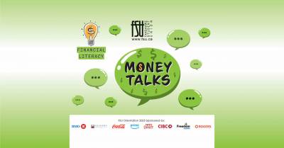 Green speech bubbles with dollar signs surround the phrase Money Talks, promoting financial literacy by Fanshawe Student Union.