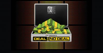 Open silver briefcase filled with green and yellow money bundles, labeled FSU presents Deal or No Deal against a dotted orange and black background.