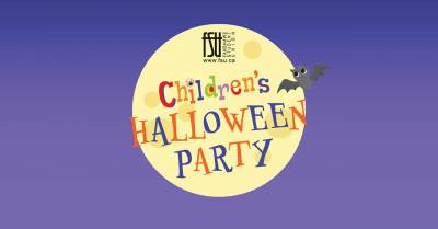 Colourful text reading Children's Halloween Party over a large yellow moon with a cute cartoon bat flying nearby against a purple night sky.