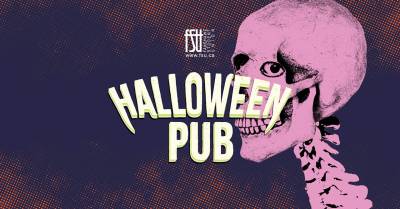 Halloween Pub event poster with a pink skull illustration, promoting a party on Thursday, October 30 at 8:00 p.m. in Forwell Hall with prizes for best costume.