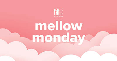 Soft pink clouds fill the background with bold white text reading mellow monday centered in the image.