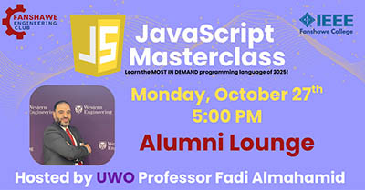 Promotional banner for a JavaScript Masterclass on Monday, October 27 at 5:00 p.m. in the Alumni Lounge hosted by UWO Professor Fadi Almahamid.