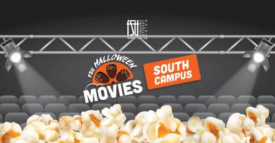 FSU Halloween Movies event promotion with popcorn and theater seats under spotlights at South Campus.