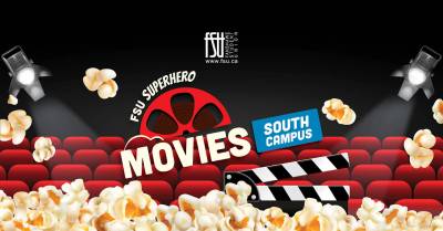 Red theatre seats with spotlights shining and popcorn scattered, promoting FSU Superhero Movies at South Campus.