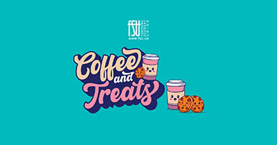 Colourful graphic with the phrase Coffee and Treats, alongside smiling coffee cups and chocolate chip cookies on a teal background.